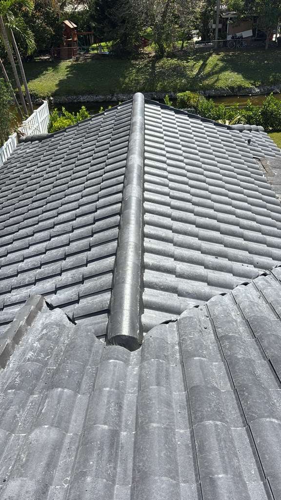 Detail of a gray tile roof ridge cap with neighborhood greenery in the background